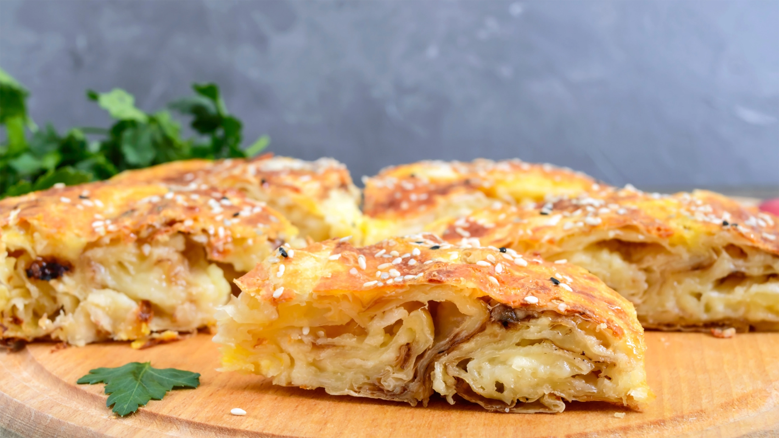 Cheese filled byrek or pie, homemade and served hot.