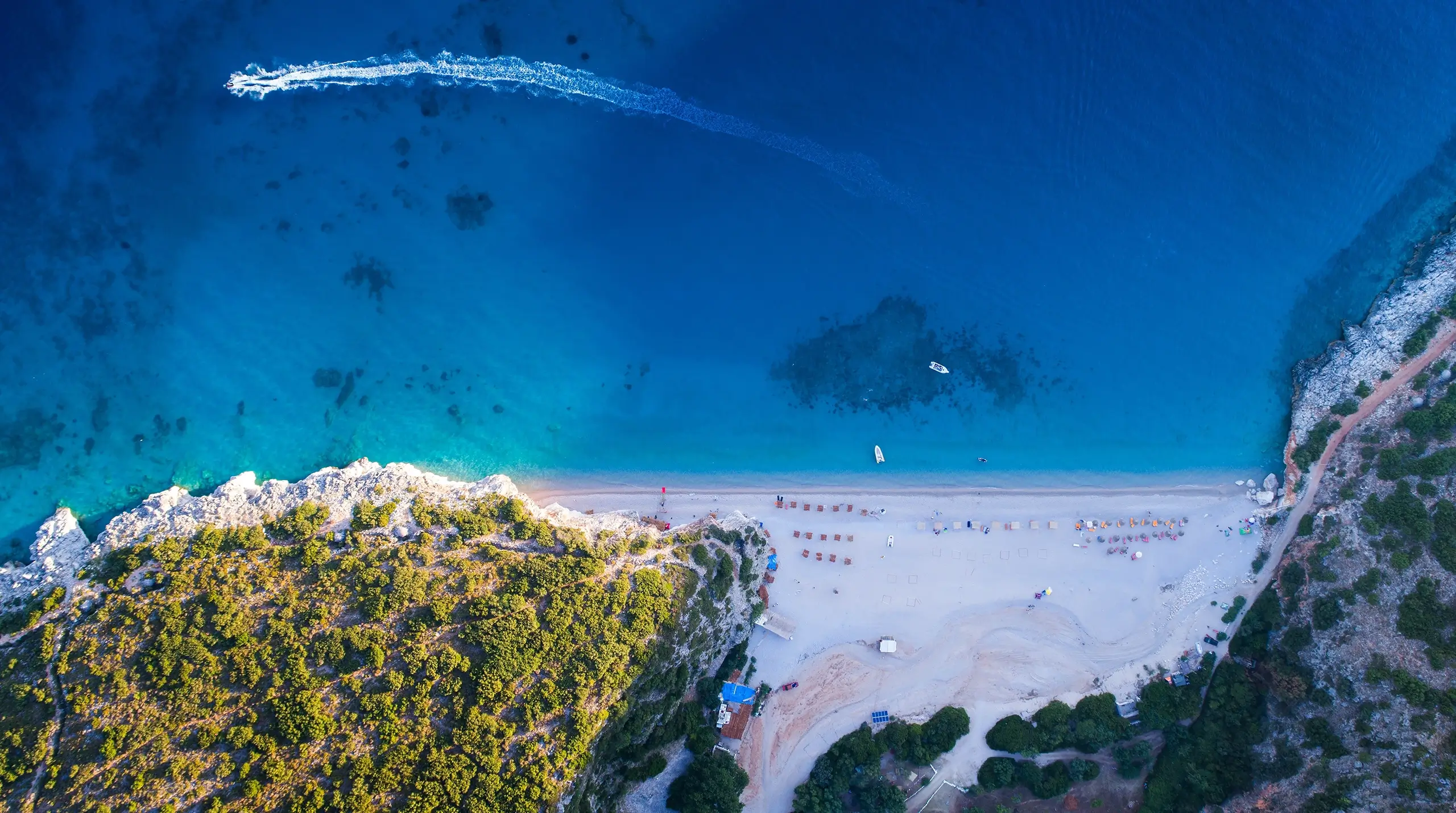 Aerial view of Gjipe beach and its canyon.