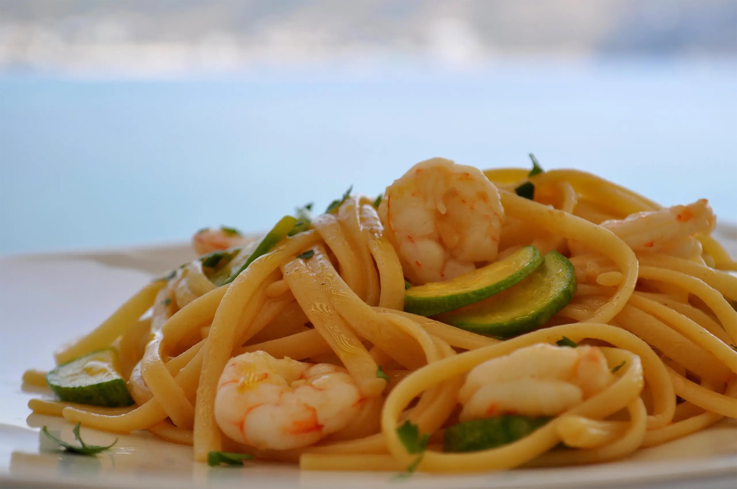 The tastiest pasta dish, fresh shrimp, zuccini and homemade pasta.